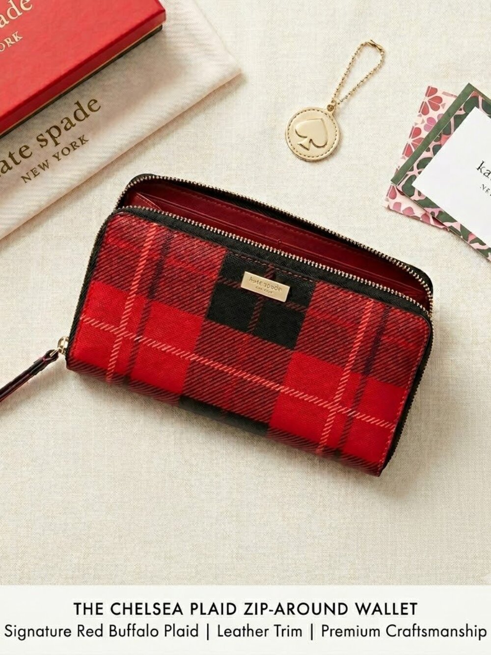 Kate Spade Red Plaid Wallet Saffiano leather zip around
